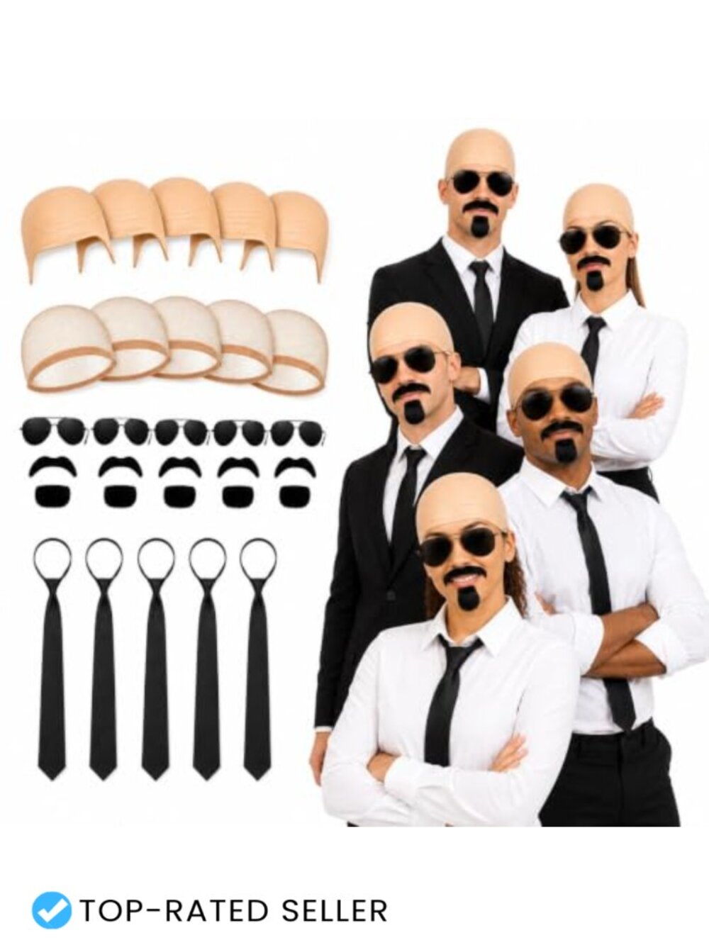 Bald Cap Kit 5 Complete Costume Sets Latex Wig Caps Glasses Mustaches Ties